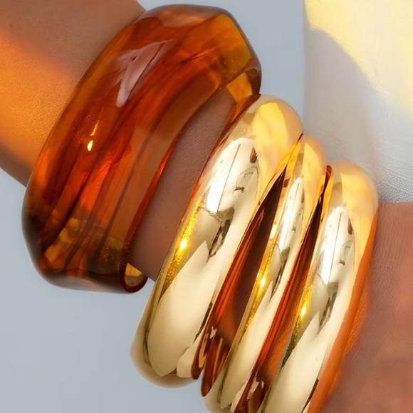 Jewelry - Stacked Gold-Tone and Amber Resin Bangles